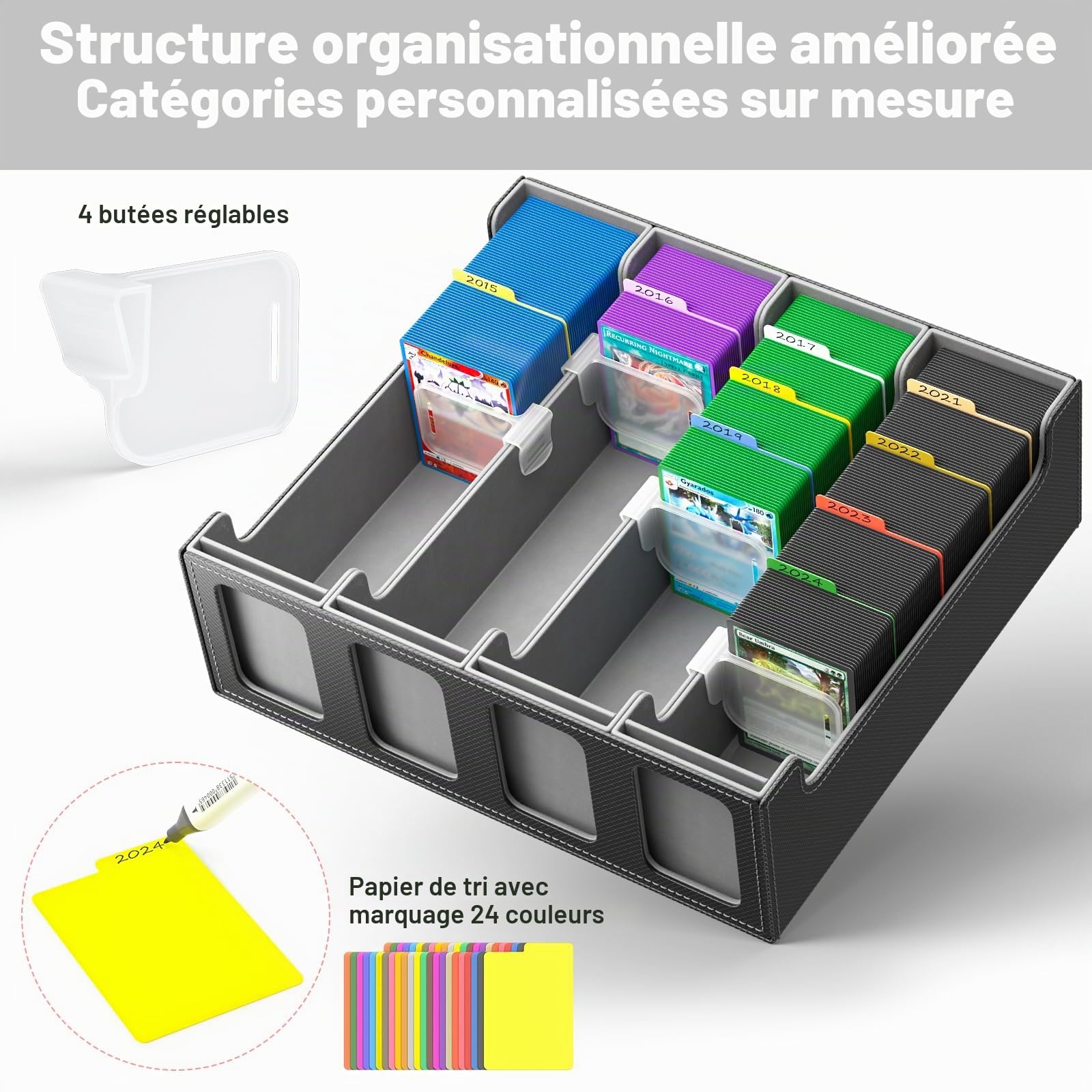 Hot Bee Boîte Rangement Carte, Deck Box MTG, TCG, Yugioh, Contenir 2400+ Cartes. Cuir, Fermeture Magnétique, Gris