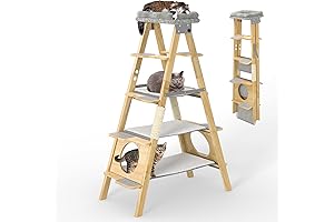 Modern Wood Cat Tree: Foldable Ladder Design for Ample Play and Relaxation