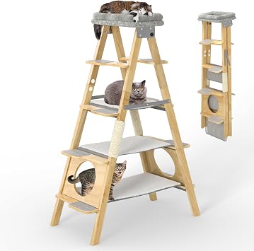 GDLF Modern Wood Cat Tree Foldable Ladder Design with Hammock & Sisal Scratch Post, Solid Wood Tall Tower for Large Cat Easy