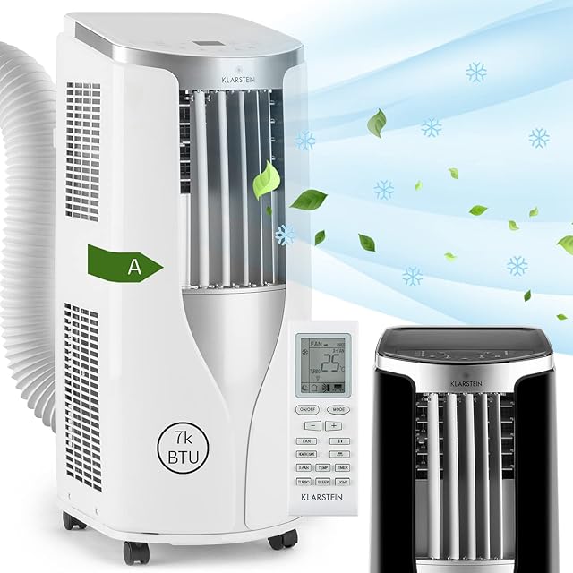 Klarstein New Breeze 7 Air Condition - 7000 BTU, Class A, 2,6 kW, Temperature Between 16 and 30 °C, 4-Speed Built-In Fan, 3 Modes, 2 Timer Modes, Built-In Rollers, Remote Control, White