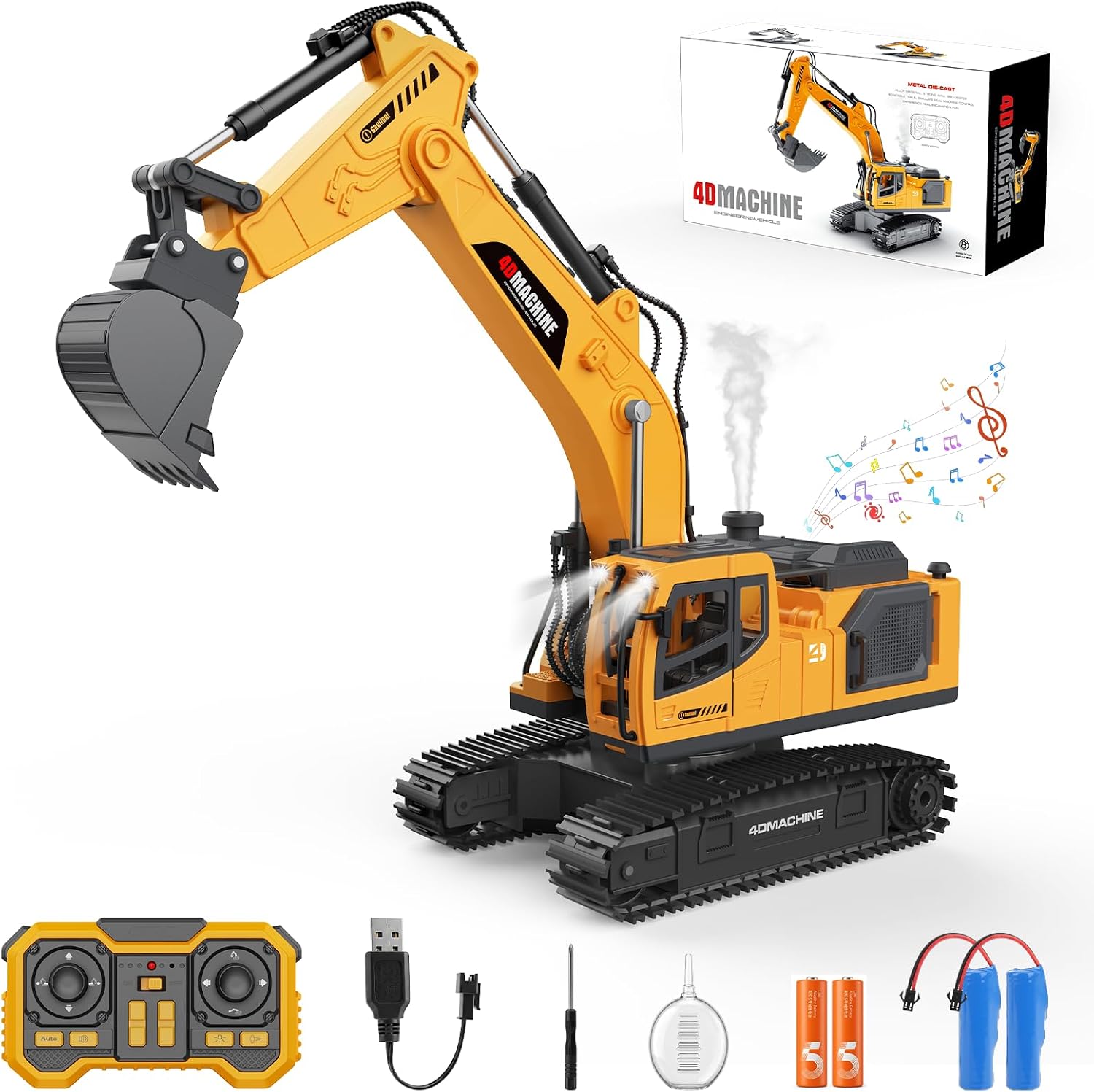 Remote Control Excavator Toy for Boys, 2.4GHz RC Excavator Toys with Metal Bucket, 12-Channel Construction Vehicle with Mist/Lights/Sound, 2x1200mAh Batteries, STEM Birthday Gift for Kids 8-12