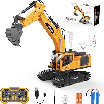 Remote Control Excavator Toy for Boys, 2.4GHz RC Excavator Toys with Metal Bucket, 12-Channel Construction Vehicle with Mist/Lights/Sound, 2x1200mAh Batteries, STEM Birthday Gift for Kids 8-12