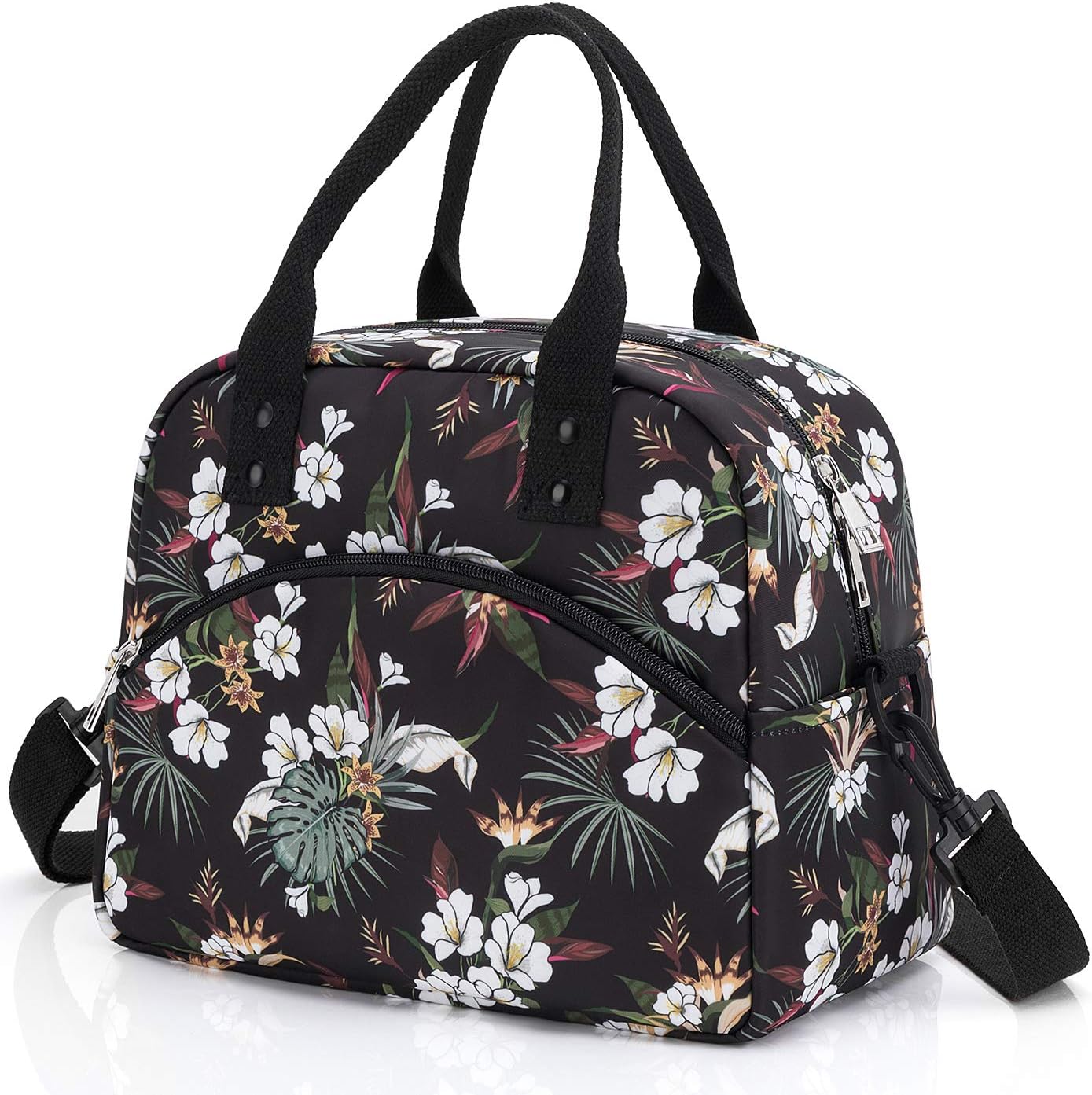Insulated Lunch Box Bag with Detachable Shoulder Strap & Carry Handle,Leak Proof Reusable Lunch bag, Eco-friendly Cooler Bag, Lunch Box for Men and Women (White Flower)