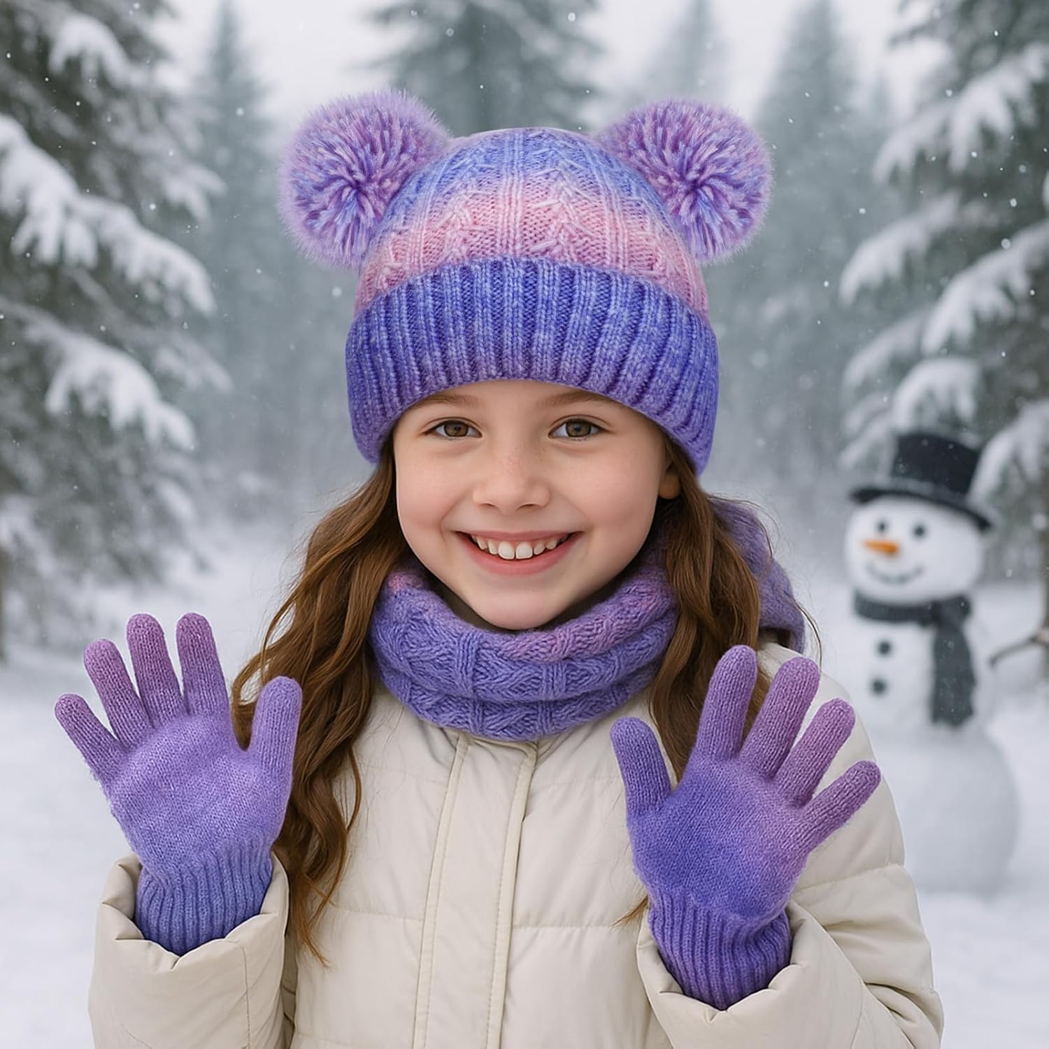 Girls Ski Beanie & Mittens Set - Fleece-Lined Knit Hat & Gloves for Girls, Winter Sports Gear - Image 6