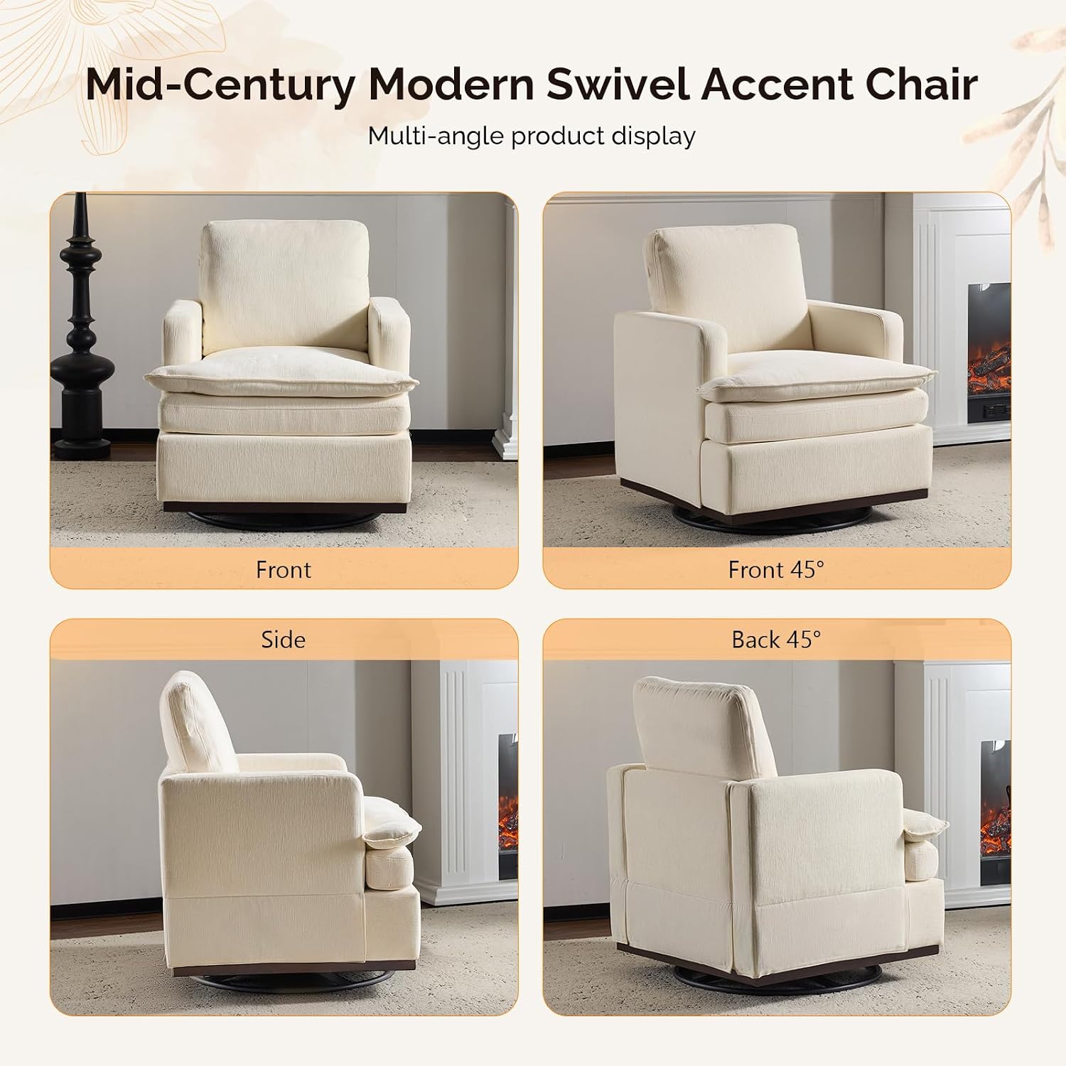 VINGLI 360°Swivel Mid-Century Modern Accent Armchairs Set of 2 with Double-Layer Seat Cushions, Comfy Single Square Sofa, Upholstered Club Chairs for Living Room,Bedroom, Reading Room, Chenille Beige