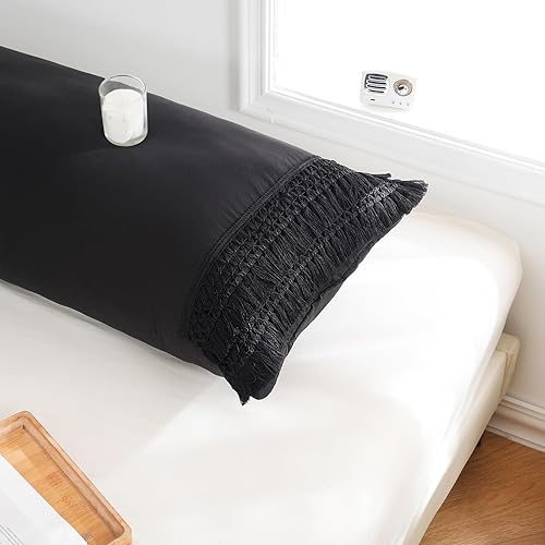 Vista 15 de Juego de 2 fundas de almohada con borlas, color gris crema, 100% microfibra lavada, funda de almohada con borlas hechas a mano beige, paquete de 2