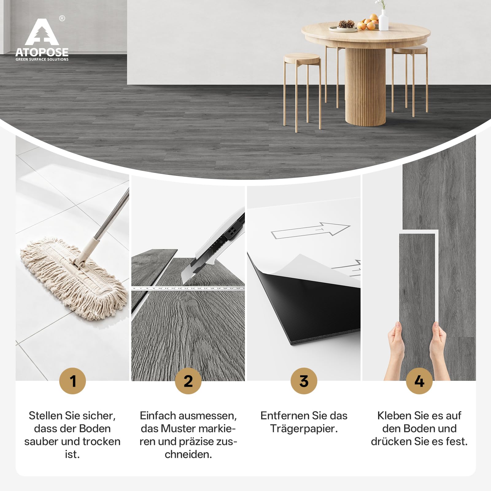 ATOPOSE PVC Bodenbelag Selbstklebend | Klick Vinylboden Holzoptik | 1,5 mm dick, 36 Bodenplatten, für eine Fläche von 5,02 m² | Wasserdicht & Einfache DIY Verlegungfür Küche Bad Wohnzimmer