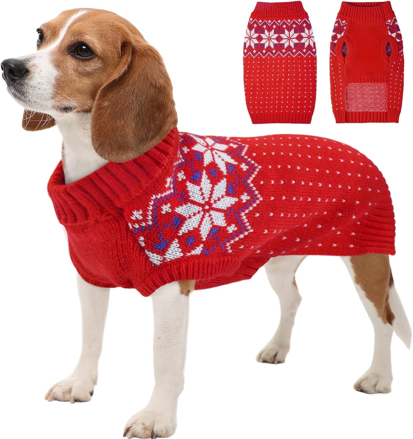Kuoser Dog Christmas Sweater, Soft Warm Xmas Sweaters for Small Medium Large Dogs Boy Girl, Comfortable Dog Sweater with Leash Hole Snowflake Puppy Knit Outfit for Holiday Winter Fall, Red L Large (Pack of 1) Red