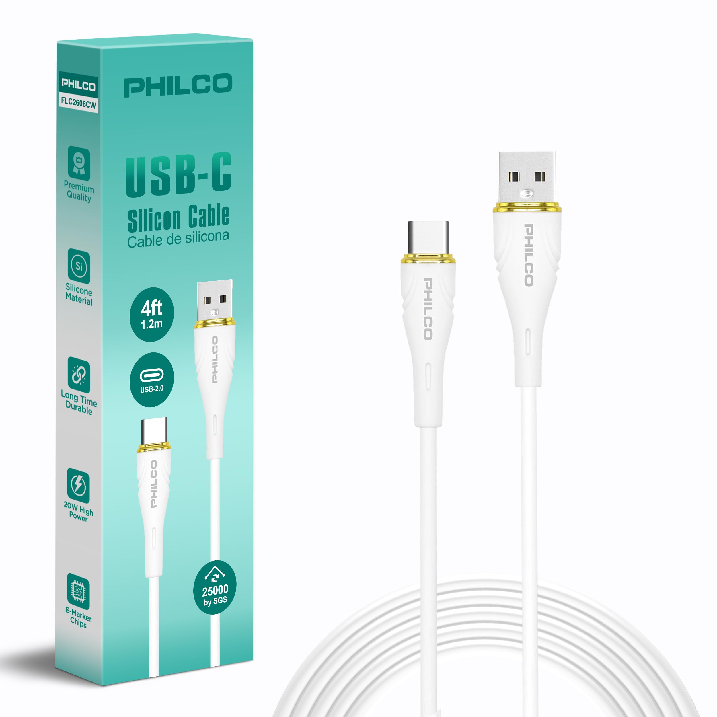 Philco USB to USB C Cable, Type C Charger Cord, 20W Fast Charging USB A to USB C Cable, 4FT Silicone Tangle Free USBC for iPhone 15, 16, MacBook Pro, iPad Air 4, iPad Pro & More (1, White)