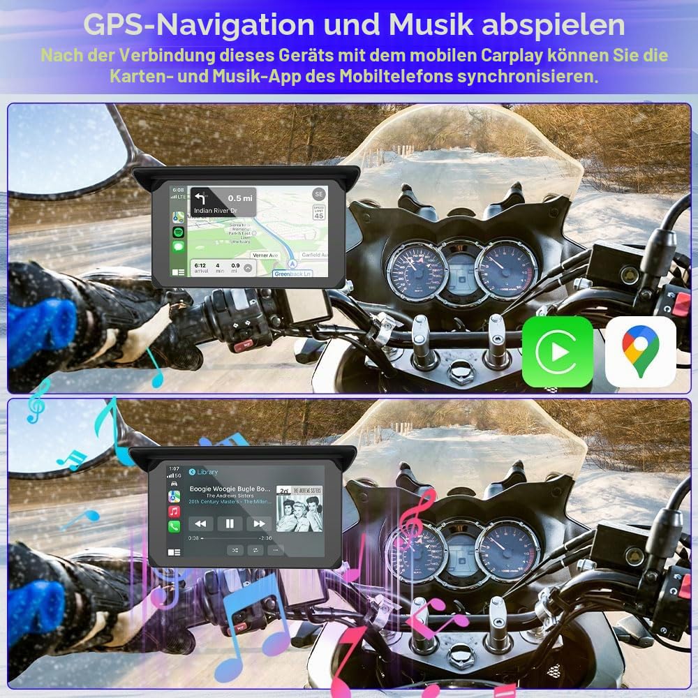 VSYSTO CP5 Motorrad Carplay Bildschirm, Kabelloses CarPlay und Android Auto, 5 Zoll Wasserdichtem Touchscreen für Motorrad mit Dual-Bluetooth, GPS Navigation, Sprachassistent, Dual USB Anschluss