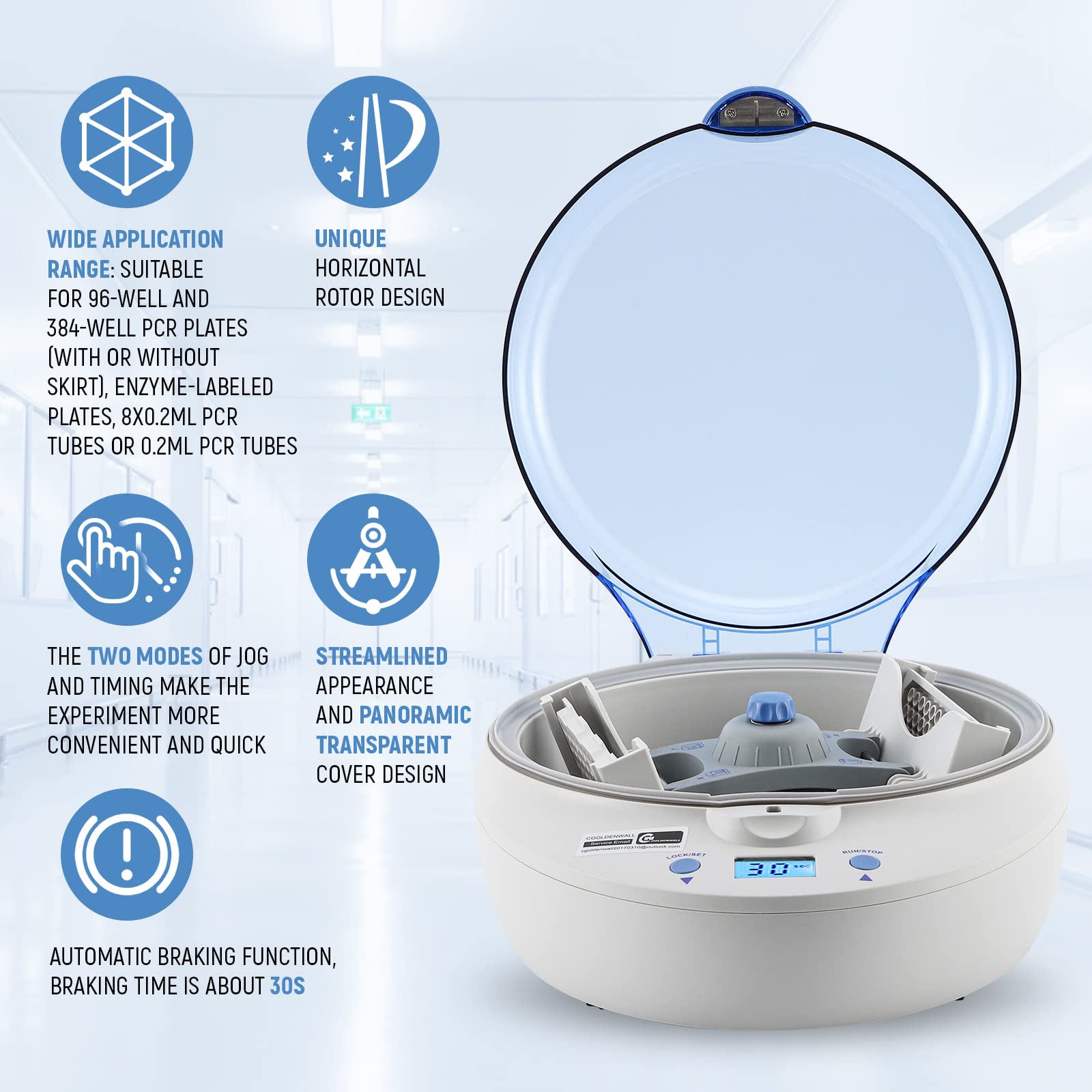 CGOLDENWALL - Tapón centrífuga de microplaca (2200 rpm) para máquina centrífuga de laboratorio, 192 × 0,2 ml, diseño especial de rotor horizontal, freno automático, para experimentos PCR