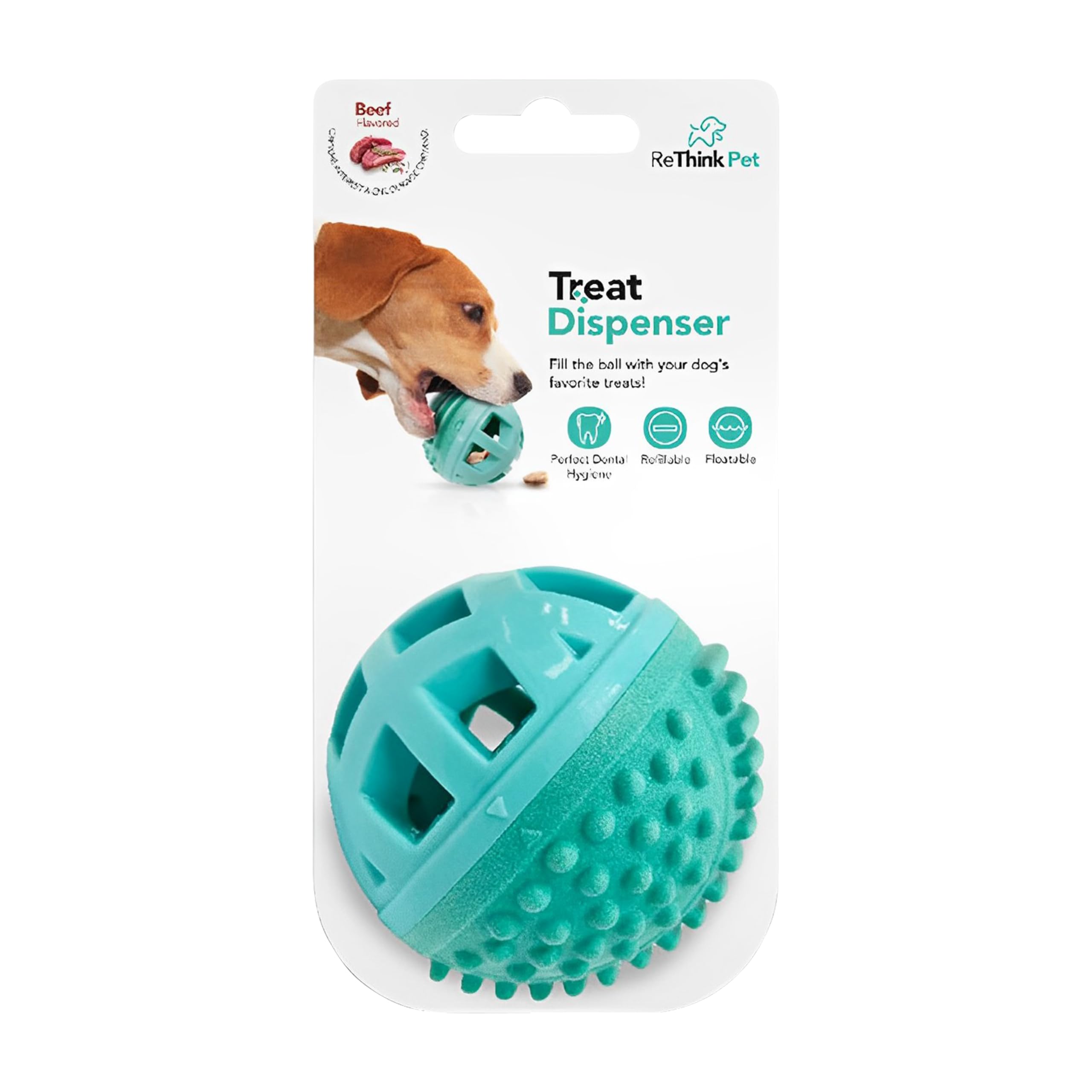 ReThink Pet Treat Dispenser Ball Toy, Beef Flavored Interactive Dispensing, Floatable Dog Toys with Treats