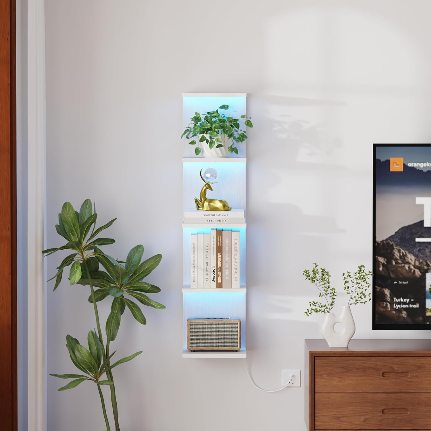 Qupui 7 Tier Wall Shelf with LED Light, 57 Inch Floating, White | RGB 22 Modes, 6 Brightness. Remote Included. Waterproof Engineered Wood. For Bedroom, Living Room, Game Room. 57x9.3x7.8 in