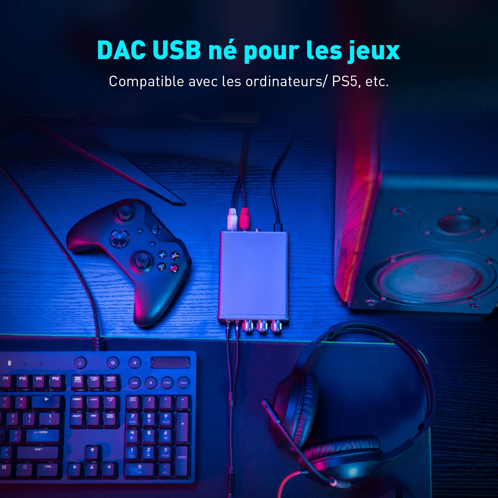 Fosi Audio K5 Pro Amplificateur Casque USB C DAC HiFi, Entrées USB/Optique/Coaxiale/Microphone vers Sortie AUX/RCA 3,5 mm, Ampli DAC de jeu Haute Résolution pour PS5/PC/MAC/Haut-Parleurs Actifs