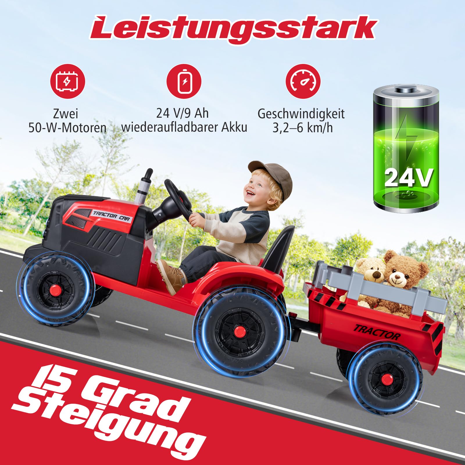 COSTWAY Elektro Traktor mit Anhänger, 24V Aufsitztraktor elektrisch inkl. Fernbedienung, Kindertraktor mit Musik, USB, Sanft-Start & LED Lichtern, Elektrotraktor für Kinder ab 3 Jahren (Rot)