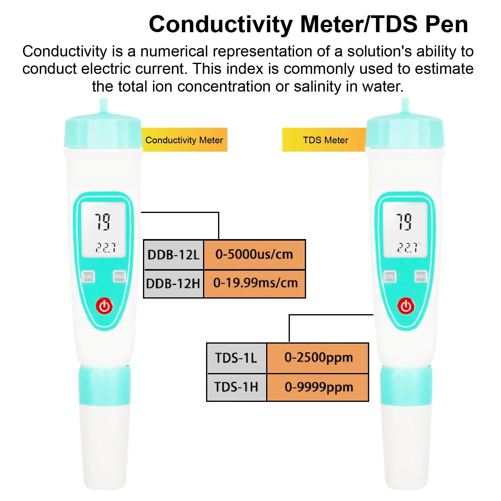 Stylo étanche TDS-1, ph-mètre de Type, conductimètre Portable, testeur salinité TDS, moniteur numérique qualité l'eau avec ATC Laboratoire de recherche(DDB-12H)