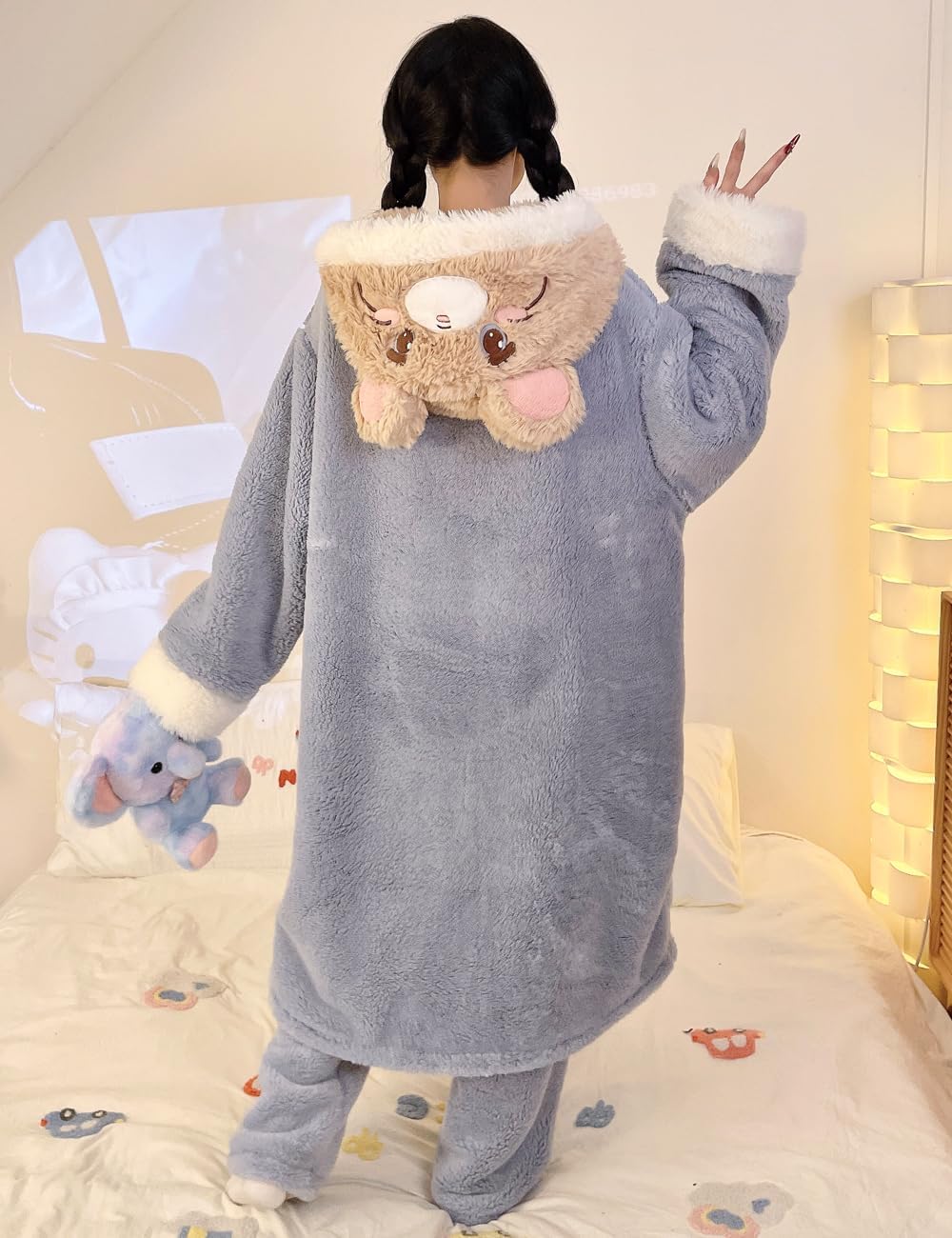 Brrioe Women's button bathrobe hoodie coat plush warm pajamas Long with cute Kawaii pattern pocket pajamas and trousers Sets