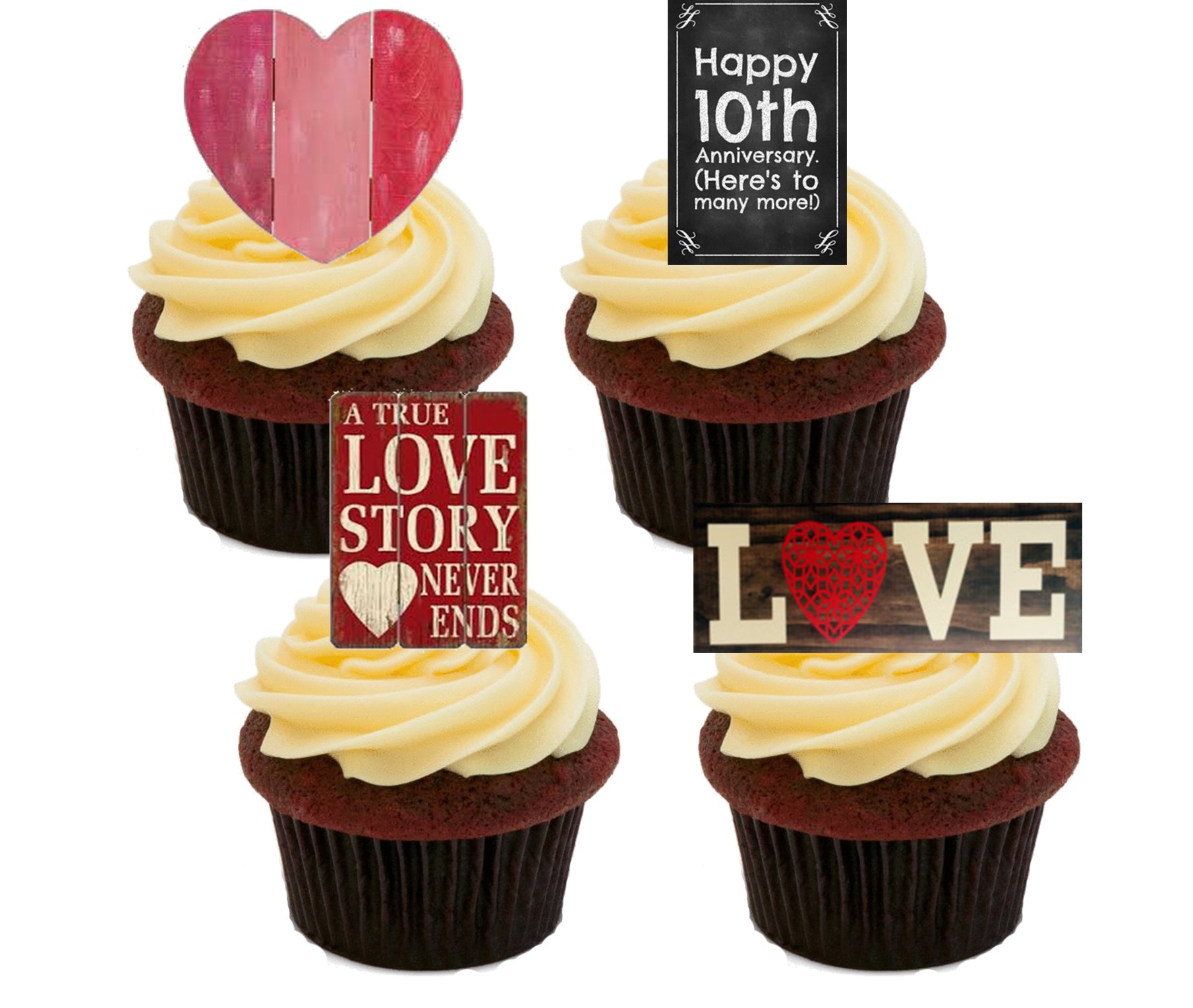 Made4You 10th Anniversary Shabby Edible Cupcake Toppers - Stand-up Wafer Cake Decorations (Pack of 12)