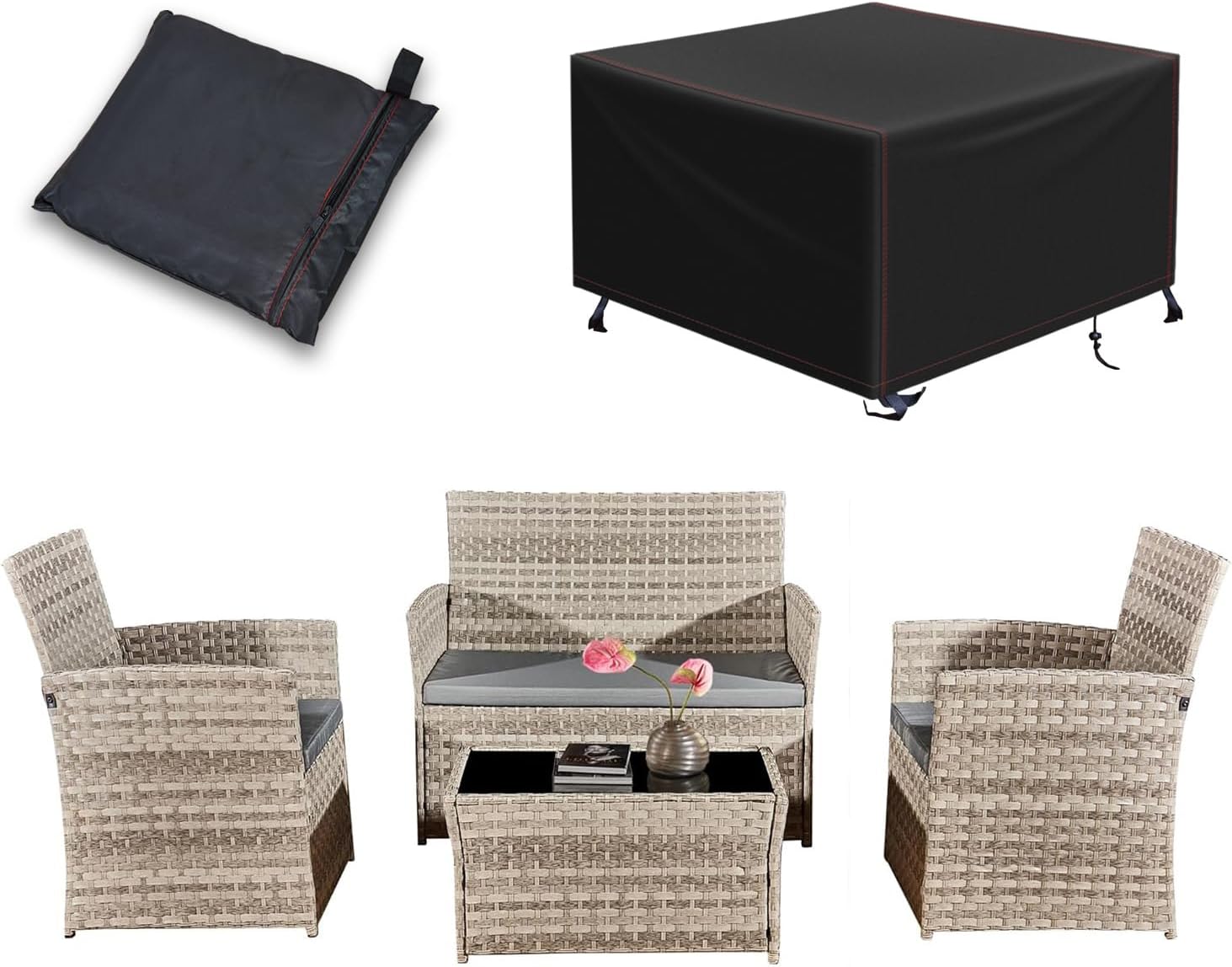 4 Piece Rattan Garden Furniture Sets with Cover,Patio Conservatory Set, Include Rattan Loveset Sofa, Chair, Glass Coffee Table,Waterproof Furniture Cover
