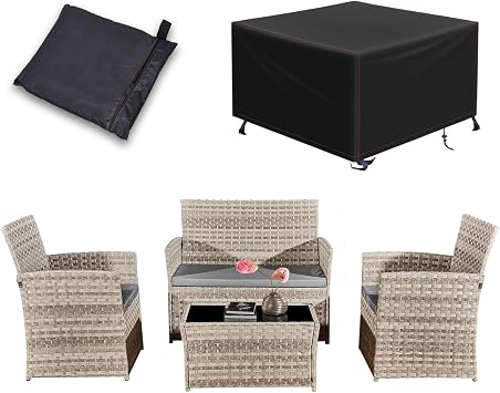 4 Piece Rattan Garden Furniture Sets with Cover,Patio Conservatory Set, Include Rattan Loveset Sofa, Chair, Glass Coffee Table,Waterproof Furniture Cover