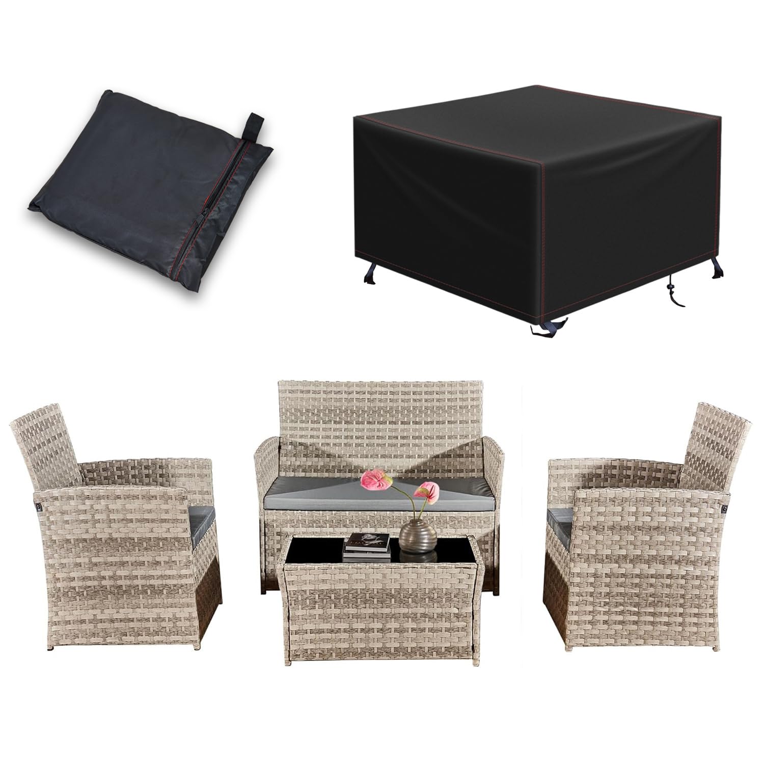 Yaangagpe 4 Piece Rattan Garden Furniture Sets with Cover,Patio Conservatory Set, Include Rattan Loveset Sofa, Chair, Glass Coffee Table,Waterproof Furniture Cover