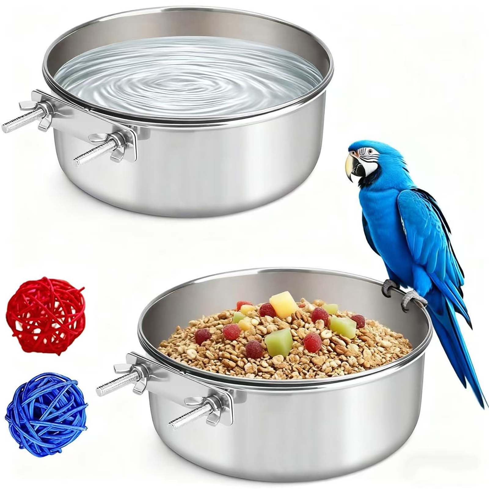 2 Pcs Stainless Steel Bird Food Water Bowls, Parrot Feeding Dish Cups with Clamp Holder Bird Ball Toys for Chinchilla, Cockatiel, Conure, Budgies, Parakeet, Lovebirds, Small Animals (Small)