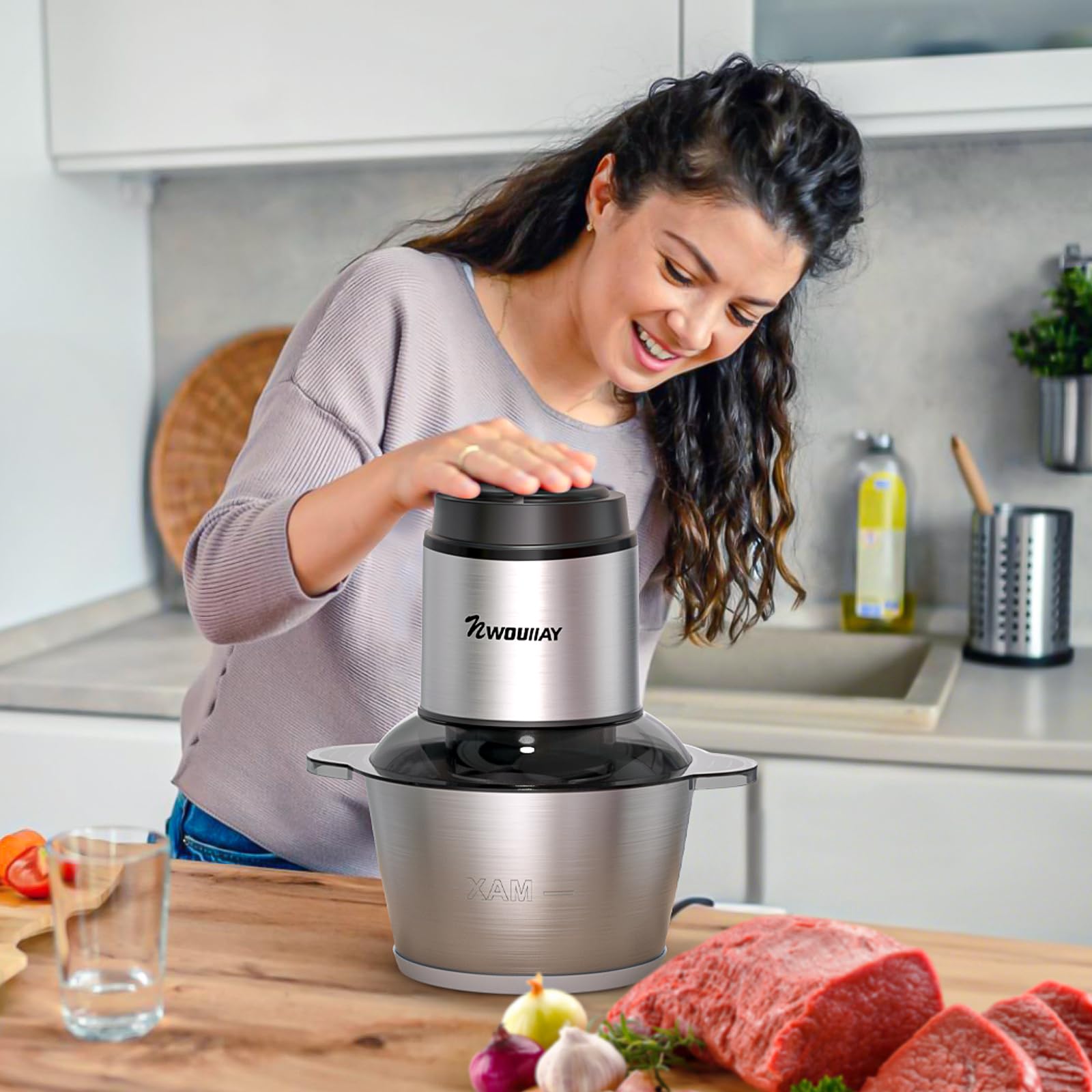 Picadora de Carne 300W Trituradora de Eléctrica Alimentos Multifuncional Recipientes de 2L y 2 Velocidades 4 Cuchillas Afiladas Trituradora para Carne, Verduras, Frutas y Frutos Secos