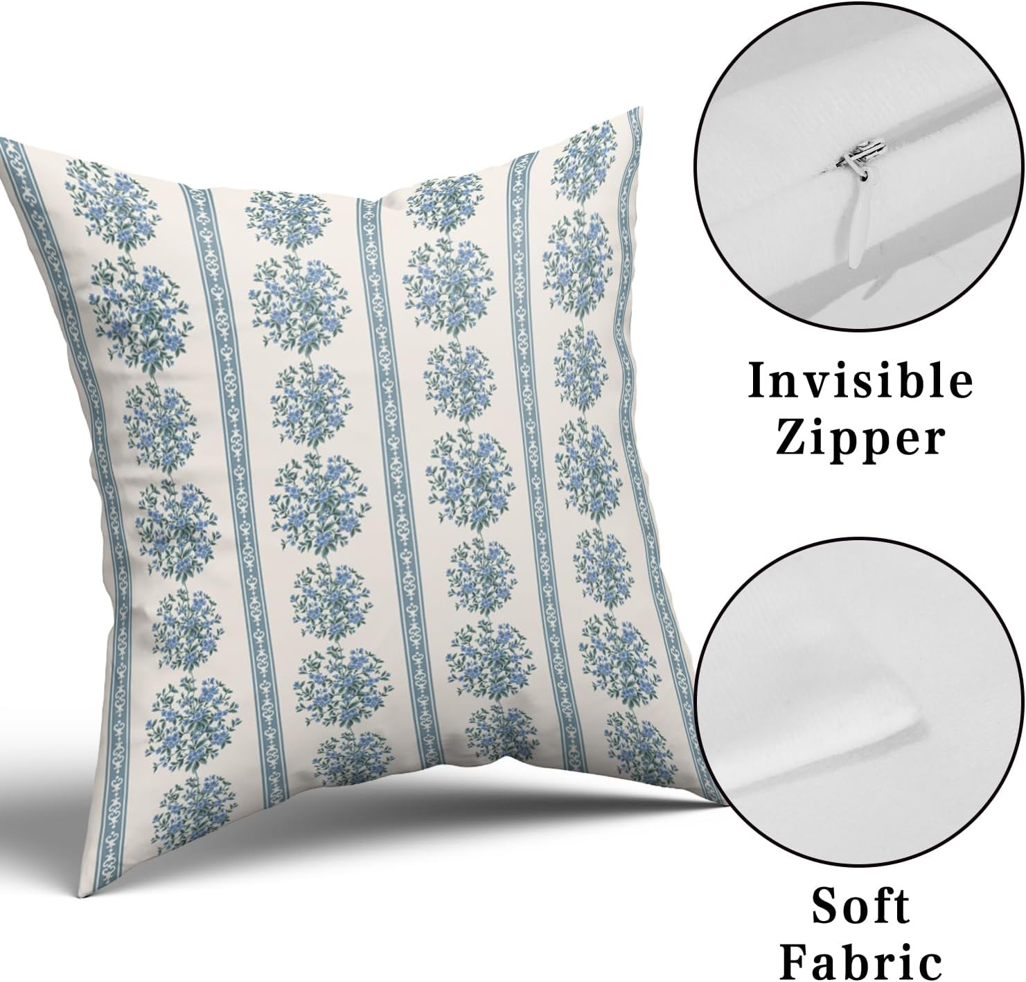 Giwawa Blue Floral Pillow Covers 18x18 Inch Set of 2 Vintage Blue and White Striped Throw Pillow Cover Neutral Farmhouse Decorative Pillow Case for Sofa Couch Bed image 4