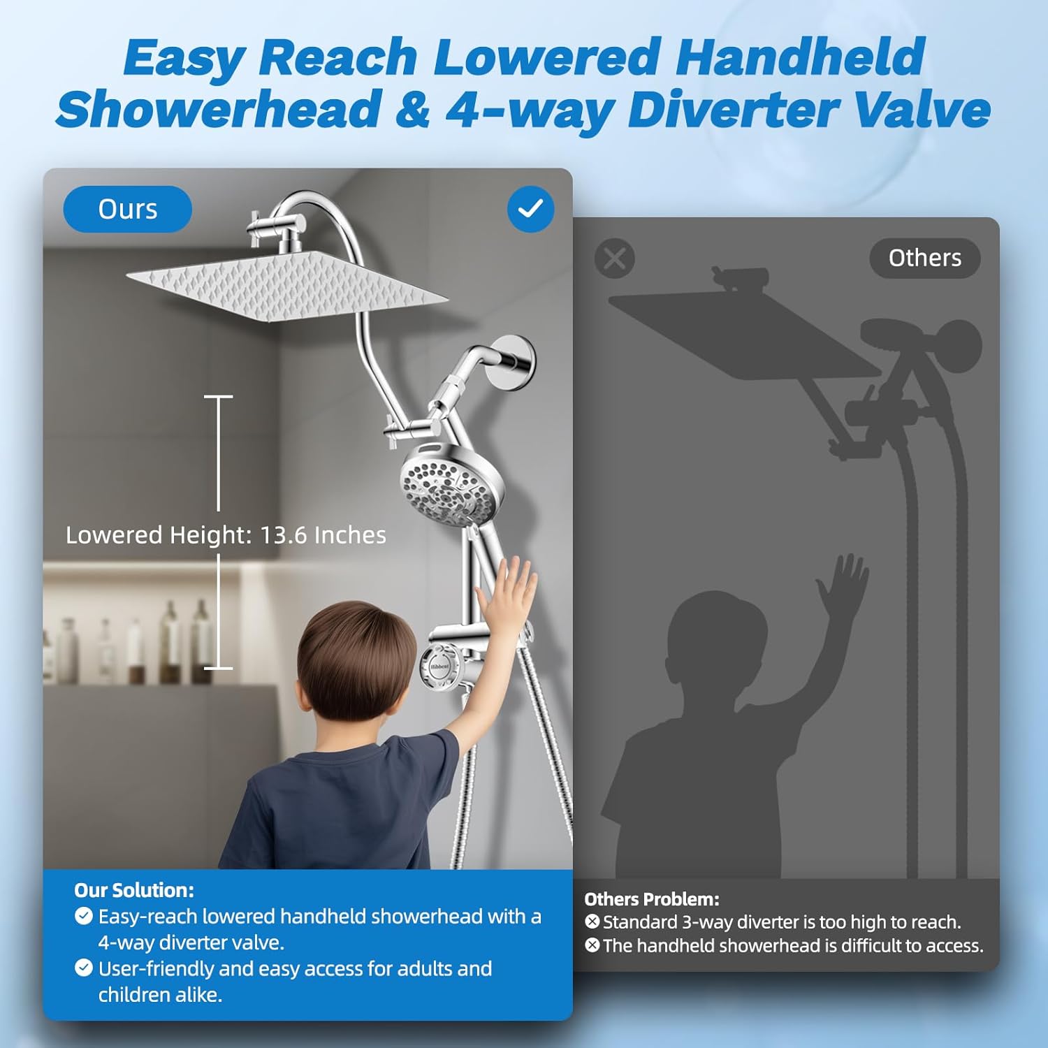 Hibbent cUPC Certified All Metal 10" Rainfall Showerhead Combo, High Pressure Shower Head with 10-Spray Mode Handheld, Innovative 4-way Diverter with Pause Mode, 71'' Shower Hose and Holder, Chrome