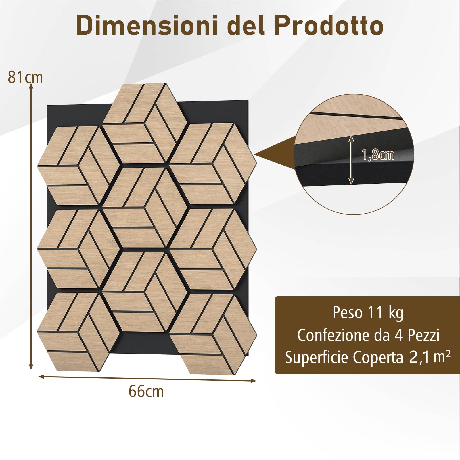 COSTWAY Set di 4 Pannelli Fonoassorbente, Pannelli Acustici per Pareti, 81x 66 cm, 9 Tavoletta Esagonali in Legno, per Riduzione del Rumore, Decorazione Interna, 2,1 m²