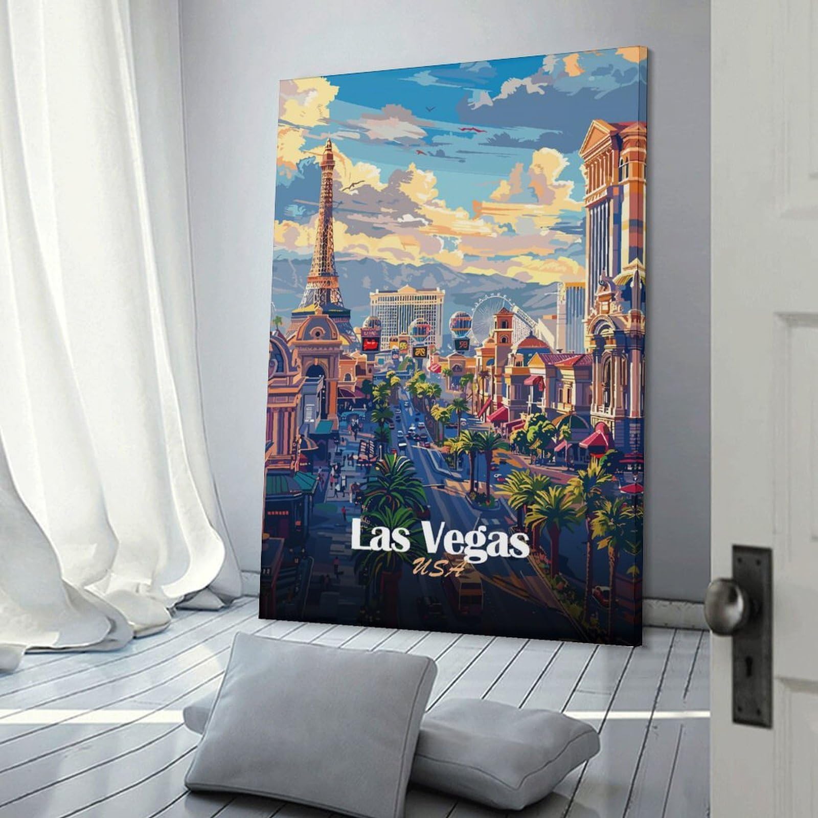 Junmoney Las Vegas Cityscape Illustration Wall Art Print 20x30inch(50x75cm), for Hallway, Entryway Or Landing, Wall Decor to Refresh Empty Corners, for Cosy Room Updates