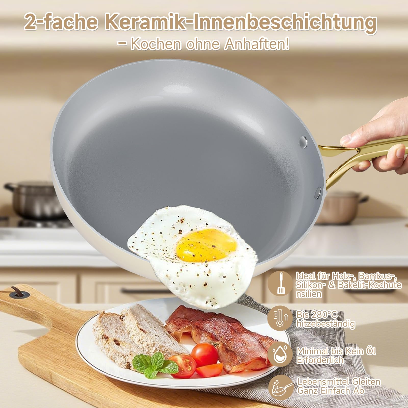 HOMELUX Zestaw patelni 3-częściowy, Ø 20/24/28 cm, patelnia ceramiczna, powłoka nieprzywierająca, do wszystkich rodzajów kuchenek, odporna na zarysowania, aluminiowe z uchwytem ze stali nierdzewnej