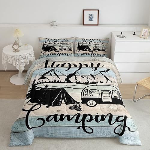 Erosebridal Happy Camping - Juego de ropa de cama matrimonial, juego de ropa de cama de campista, relleno de edredón rústico de granja, accesorios