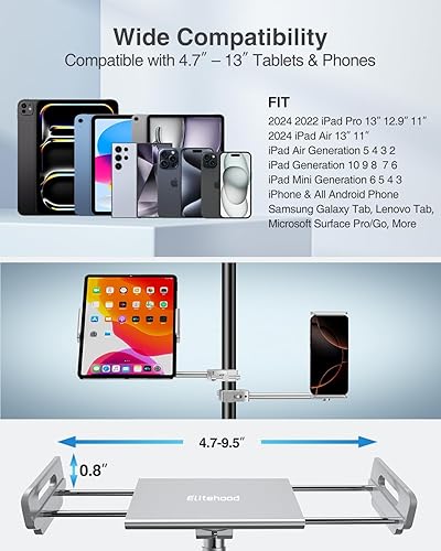 Miniatura 5 de elitehood Soporte de aluminio para iPad para soporte de micrófono, soporte de música para iPad de montaje lateral para micrófono, soporte giratorio