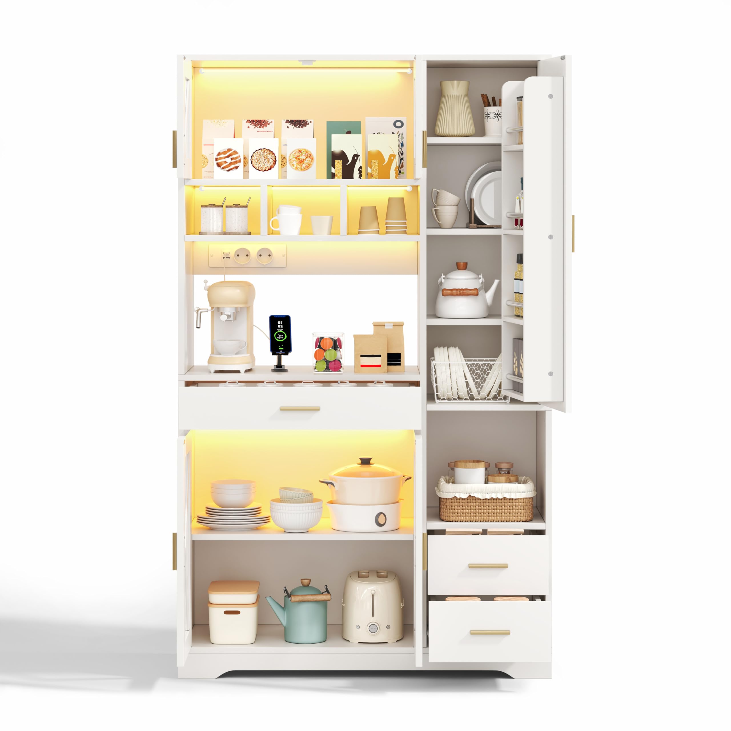 FurnitureR Küchenhochschrank, hoher Küchenschrank 105 x 40 x 185 cm, Weiß, MDF Vorratsschrank mit 5 Türen und 3 Schubladen, APP-LED, Steckdosenleiste, für Pantry, Kaffeeecke und offene Wohnküche