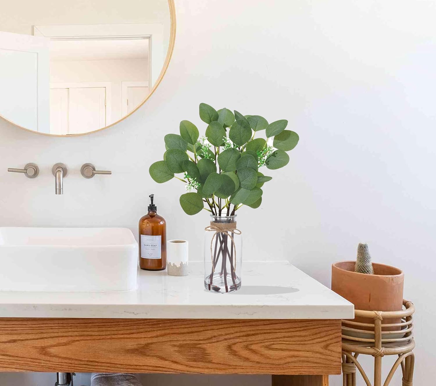 Zhuqing Artificial Eucalyptus Stems in Glass Vase with Faux Water, 14" Fake Plant Eucalyptus Leaves for Home Bathroom Office Farmhouse Wedding Centerpiece Decoration(White Green) - Image 6