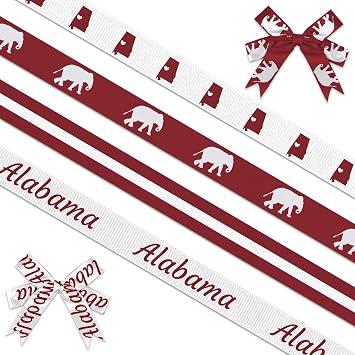 Threetols 4 Rolls 20 Yards Alabama Ribbons, 3/8" Dark Red White Grosgrain Ribbon with Elephant and State Pattern for DIY Crafts, Wrapping, Graduation and Alabama Game Day Party Decorations