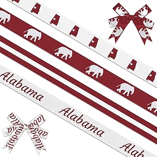 Threetols 4 Rolls 20 Yards Alabama Ribbons, 3/8" Dark Red White Grosgrain Ribbon with Elephant and State Pattern for DIY Crafts, Wrapping, Graduation and Alabama Game Day Party Decorations