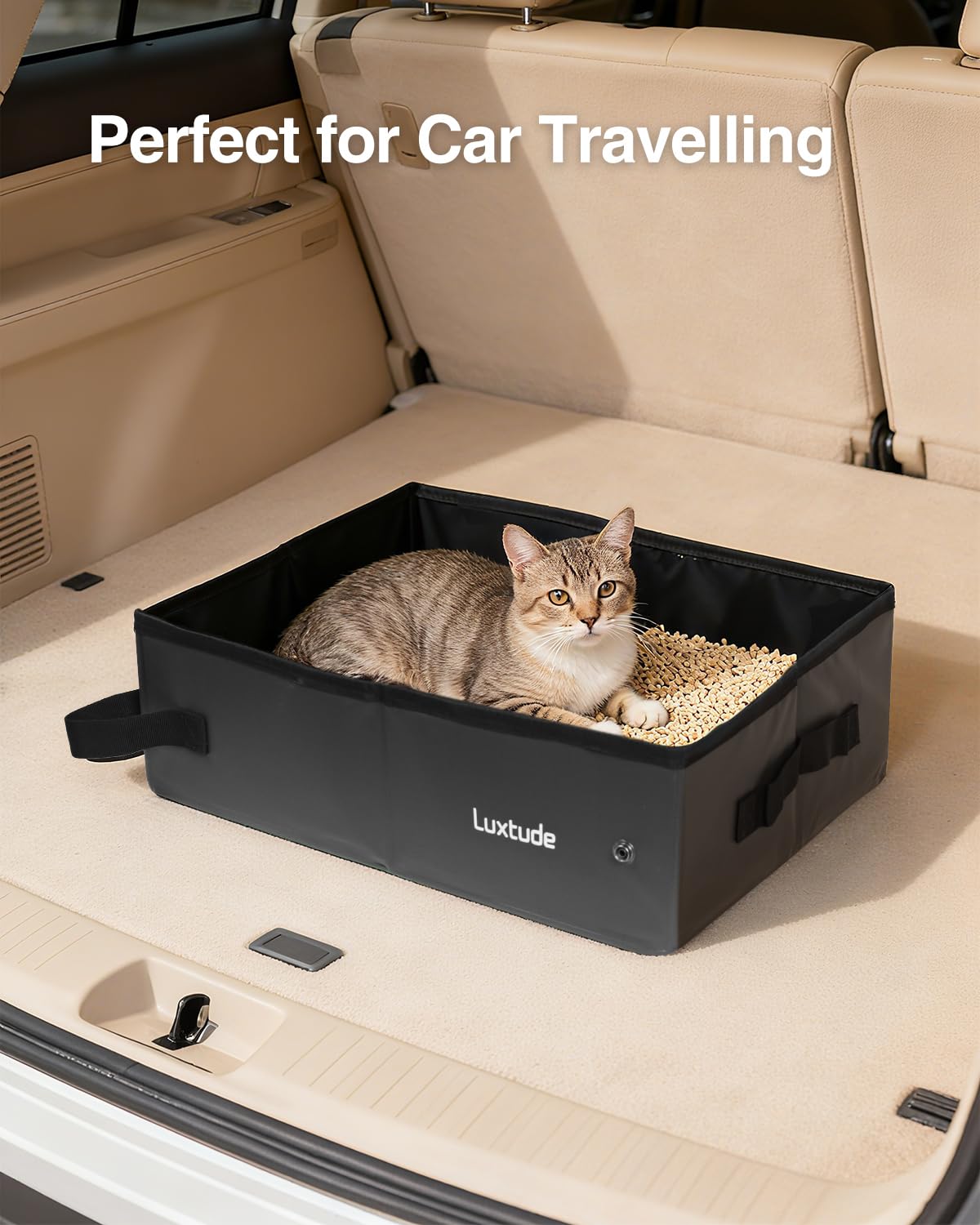 Luxtude Reise-Klo für Katzen im Auto, zusammenklappbare und tragbare Katzentoilette für Katzen, kein Geruch, wasserdicht und leicht zu reinigen, kein Auslaufen für Auto, Hotel (Schwarz, L-Open)