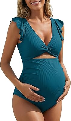Charmo Ruffle Ribbed Maternity Swimsuit One Piece High Waisted Pregnancy Bathing Suits Push Up Swimwear