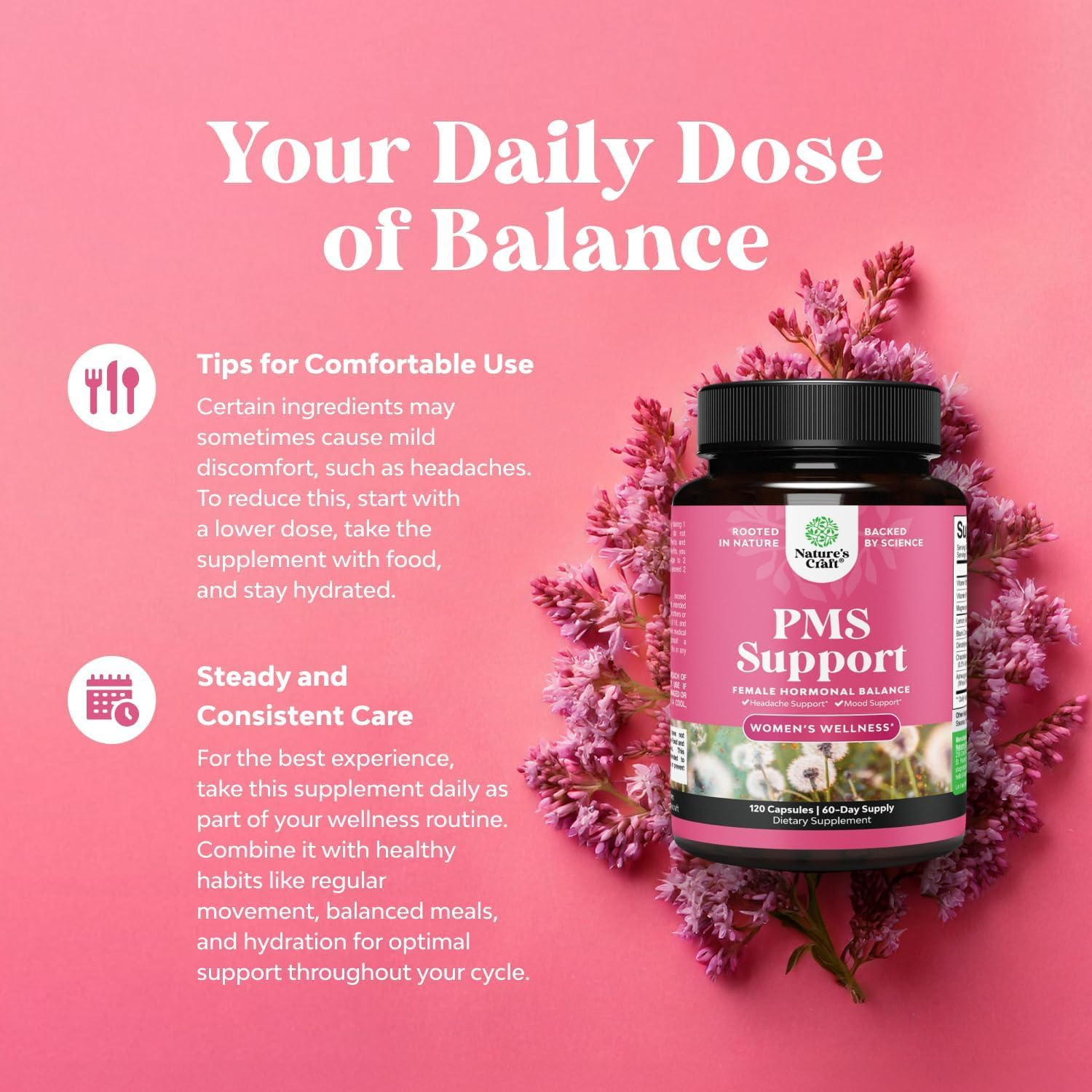 PMS Support Supplement for Women – Hormone Balance for Women & Menstrual Discomfort with DIM, Chasteberry, Black Cohosh & Ashwagandha - for Period Cramps Ease, Menopause Bloating, Mood Swing – 120 Ct — Amazon image 3