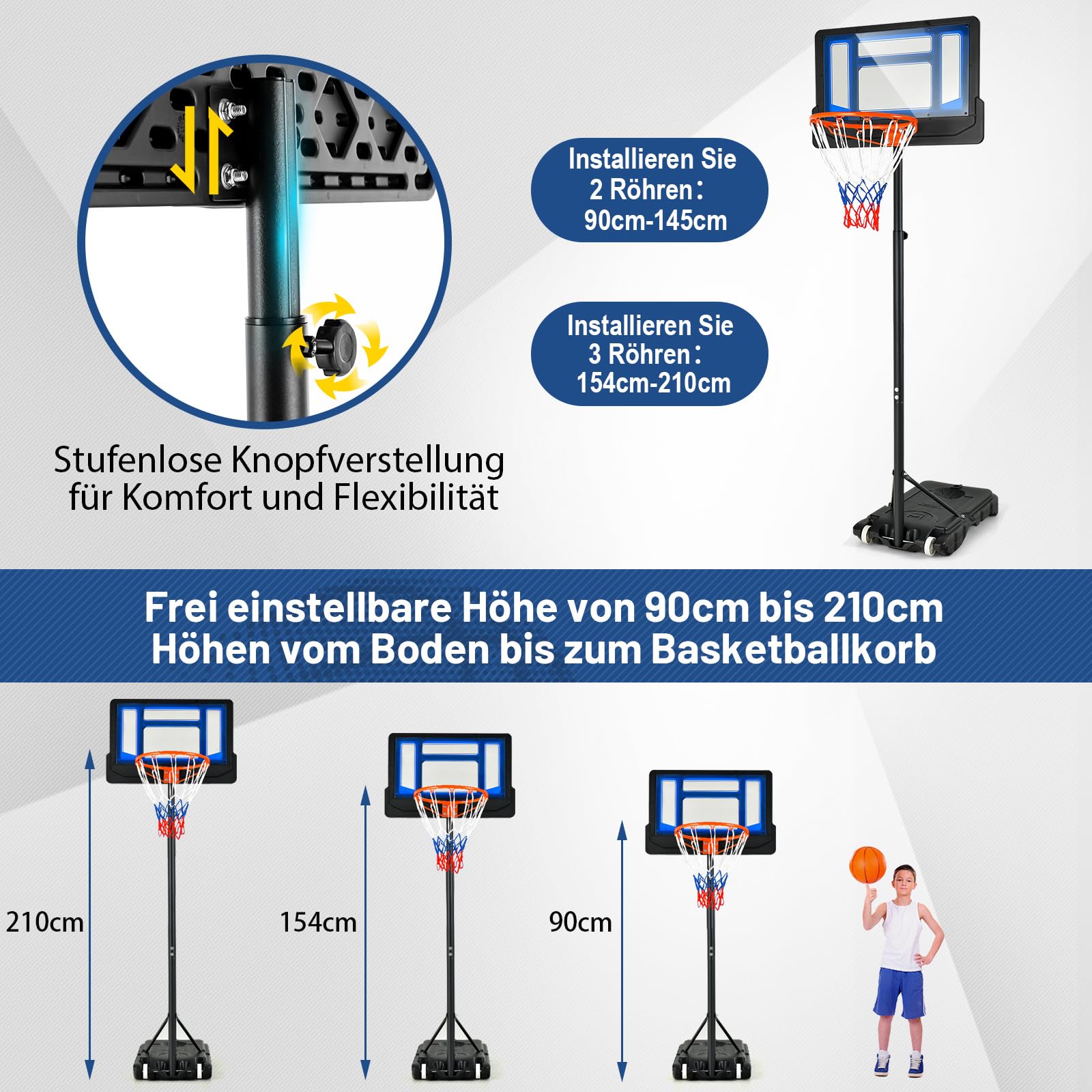 COSTWAY Basketbalstandaard, in hoogte verstelbaar, 90-210 cm, basketbalkorf met standaard en 2 wielen, mand voor kinderen, jongeren, mobiele basketbalinstallatie, weerbestendig, voor binnen en buiten