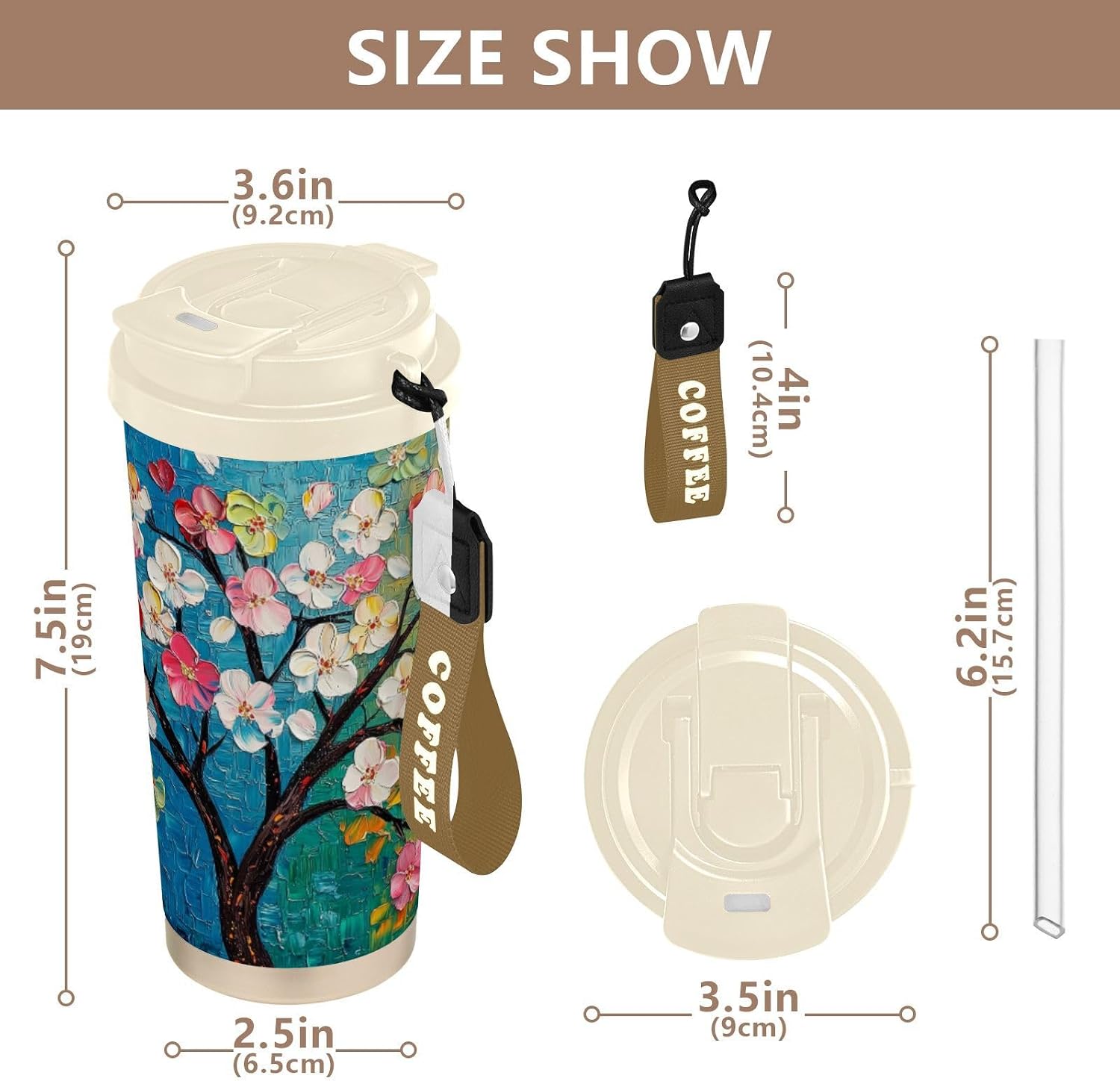 Colorful Flowers Tree Art Insulated Coffee Mug with Straw & Flip Lid, 16.9oz Iced Tumbler Cup, Double Wall Vacuum Leak-Proof Mug for Travel Office