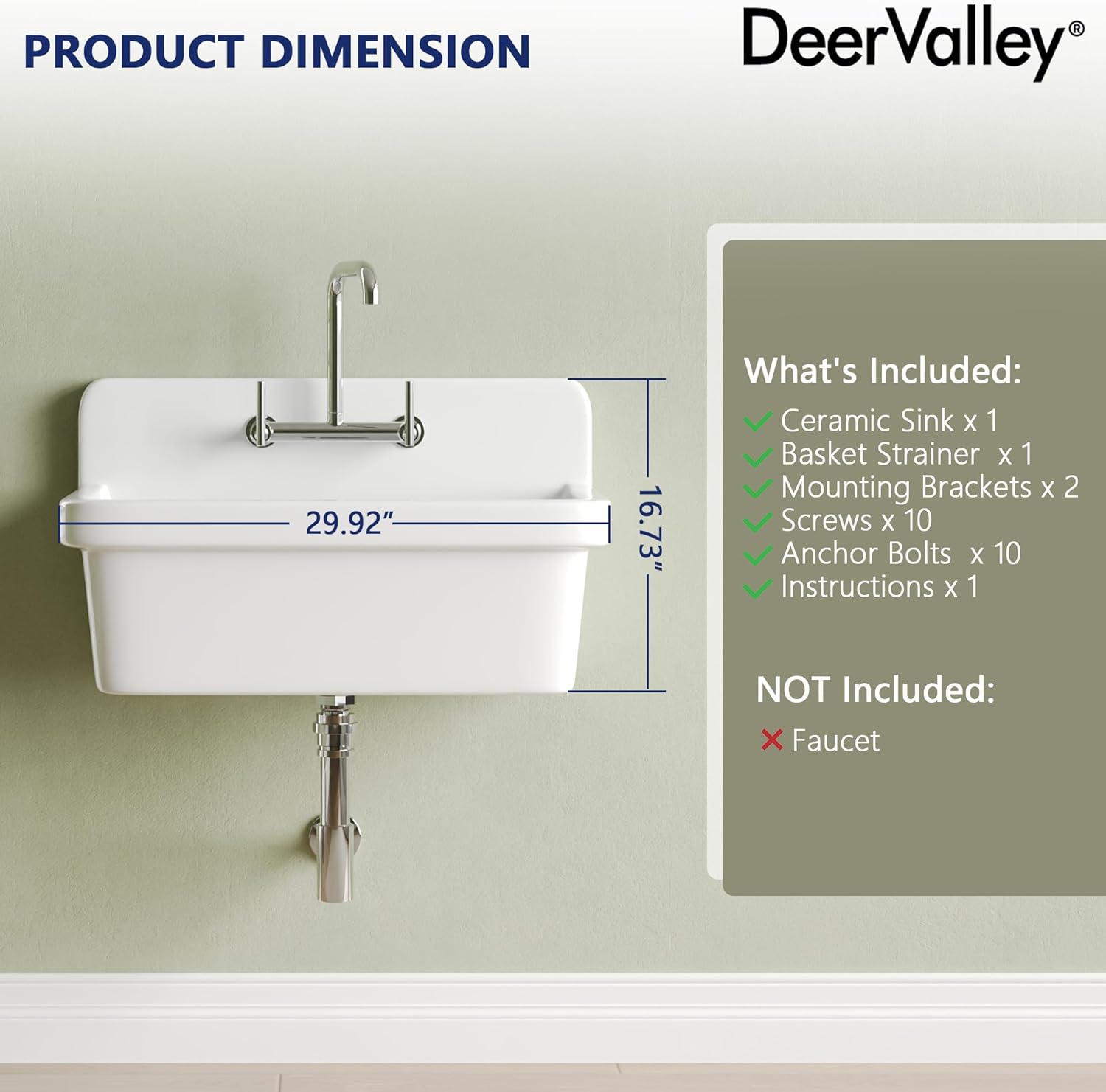 DeerValley Wall Mount Utility Sink 30 Inch, White Laundry Sink, Heavy Duty Porcelain Ceramic High Back Farmhouse Sink for Garage, Kitchen, Bathroom, Dual Installation, Scratch-Resistant
