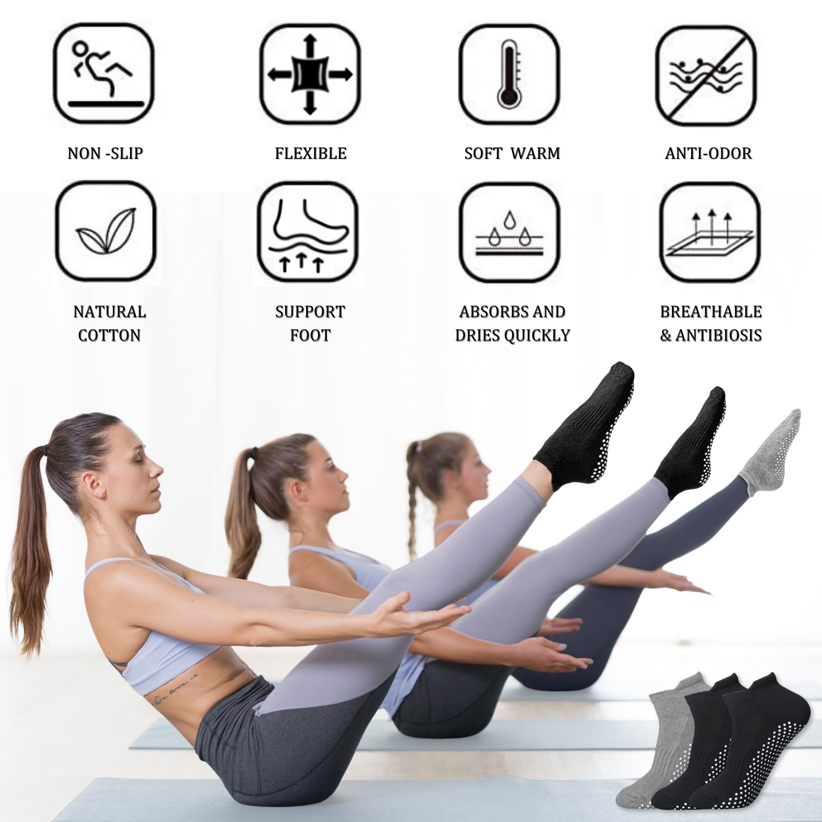 3 pary skarpet do jogi antypoślizgowe skarpety do pilatesu dla kobiet i mężczyzn oddychające bawełniane skarpetki do baletu szpitala tańca w domu fitness pełne palce kostki antypoślizgowe