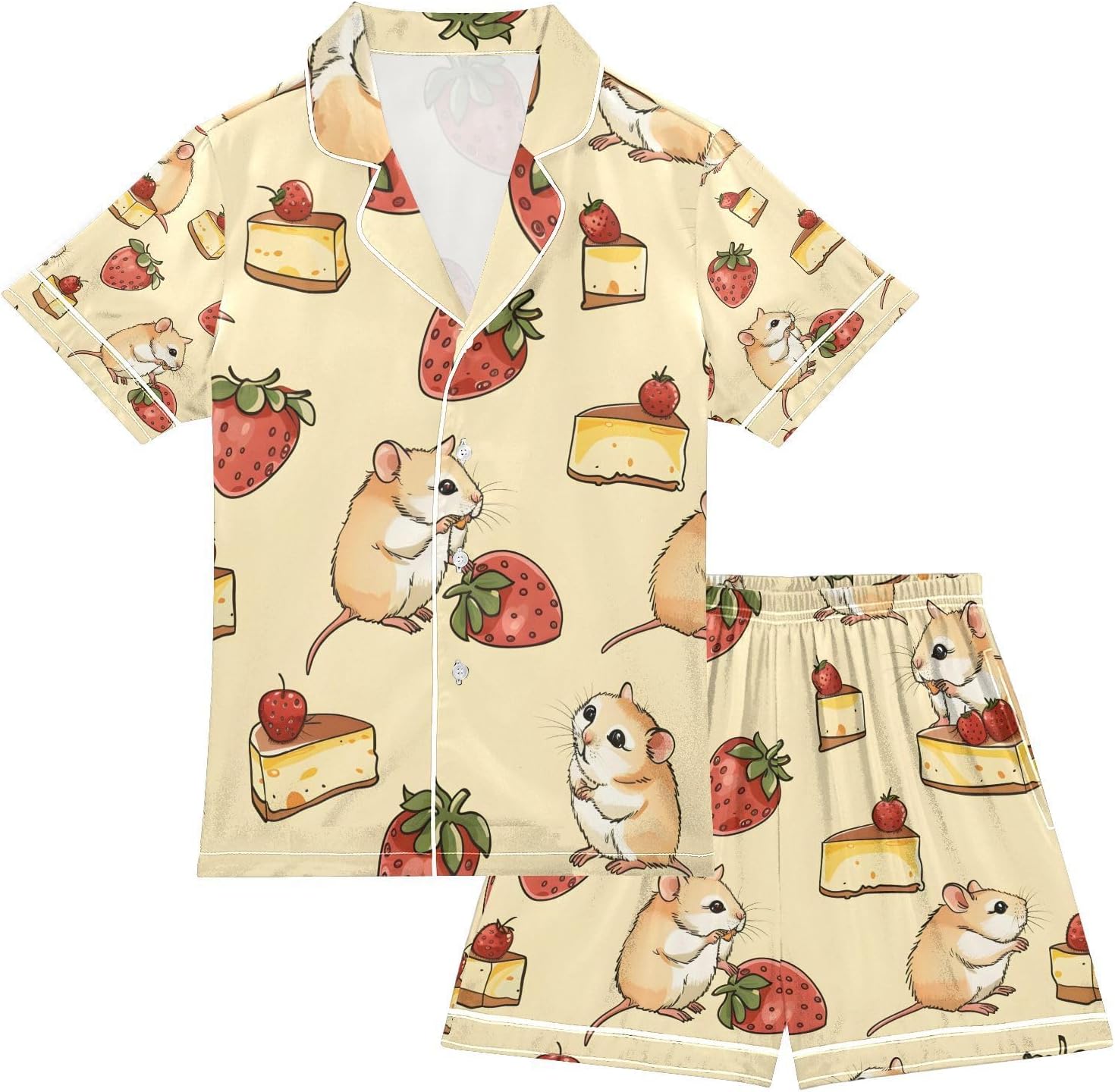 senya Mouse and Cake Satin Summer Pajama Sets Silk Short Sleeve Button Down Sleepwear
