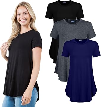 Azules Womens Short Sleeve Tunic Top Flowy Scoop Neck Long T-Shirt with Curved Hem, Soft Stretchy Dressy Blouse, 3-Pack