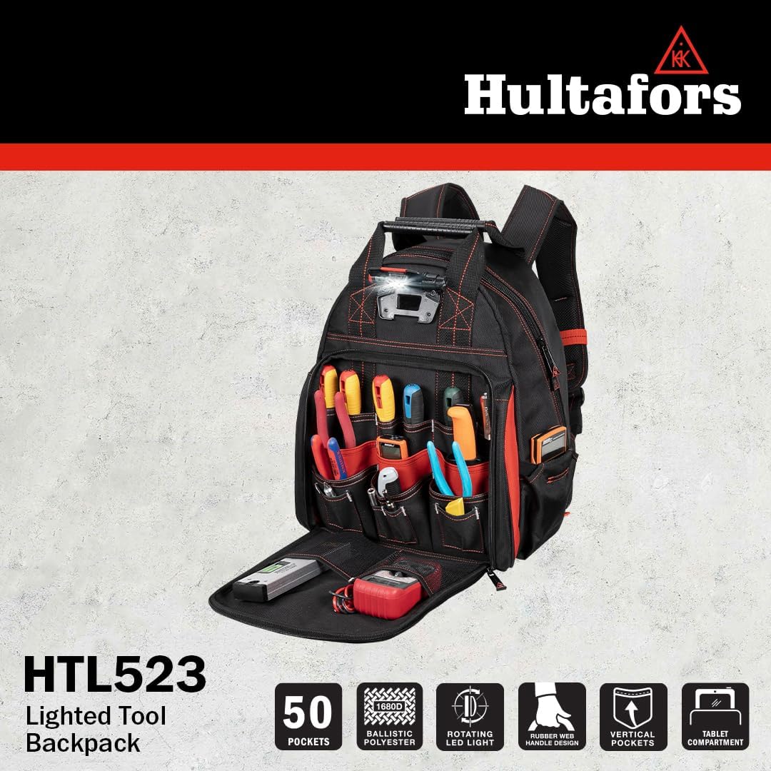 Hultafors Work Gear HTL523 Lighted Tool Backpack, 50 Pockets, Heavy Duty Ballistic Polyester Tool Carrier, Adjustable Swivel Light, Power Tool Strap, Tablet/Laptop Pocket,Black