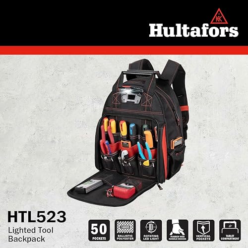 Miniatura 8 de Hultafors Work Gear HTL523 Mochila iluminada para herramientas, 50 bolsillos, portaherramientas de poliéster balístico resistente, luz giratoria