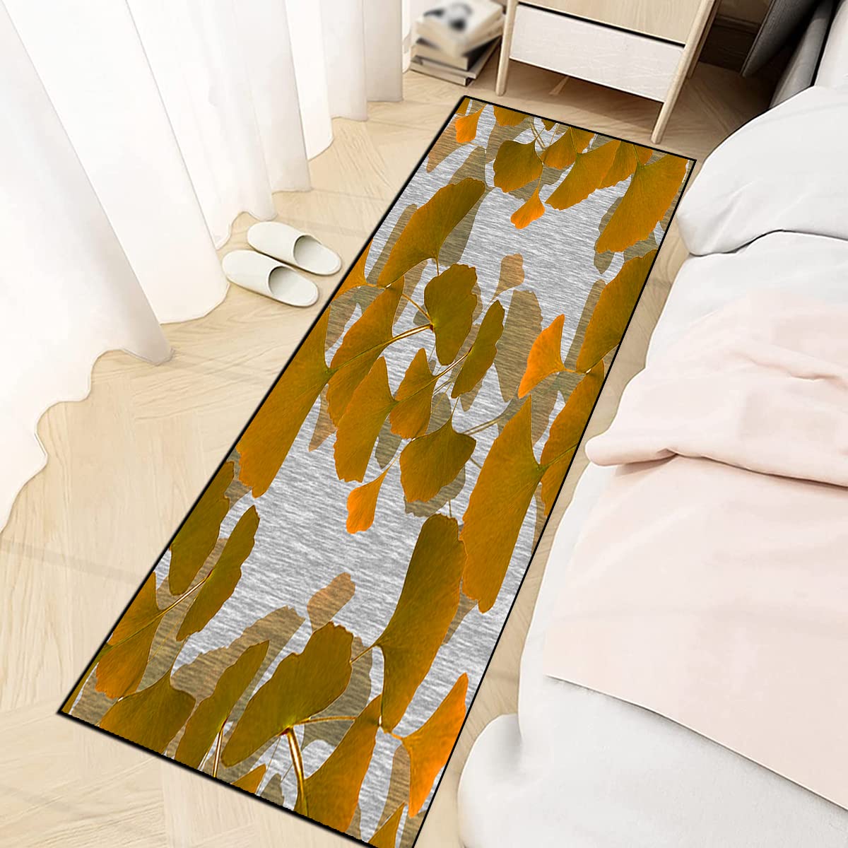 LIHY Teppich Läufer für Flur Küche rutschfest 60×100cm Nordisches grau-gelbes Blattmuster Teppichläufer Flurteppich Waschbar für Schlafzimmer Wohnzimmer, Breite 60cm/ 80cm/ 100cm/ 120cm